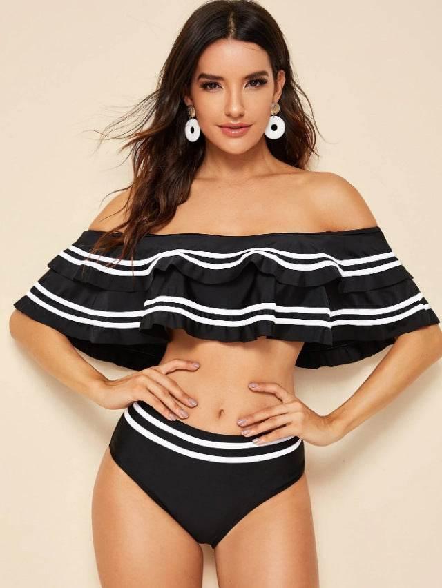 Black striped women bikini set two pieces sexy off shoulder ruffles high waist bathing suits summer beach swimsuits - Empire P.E