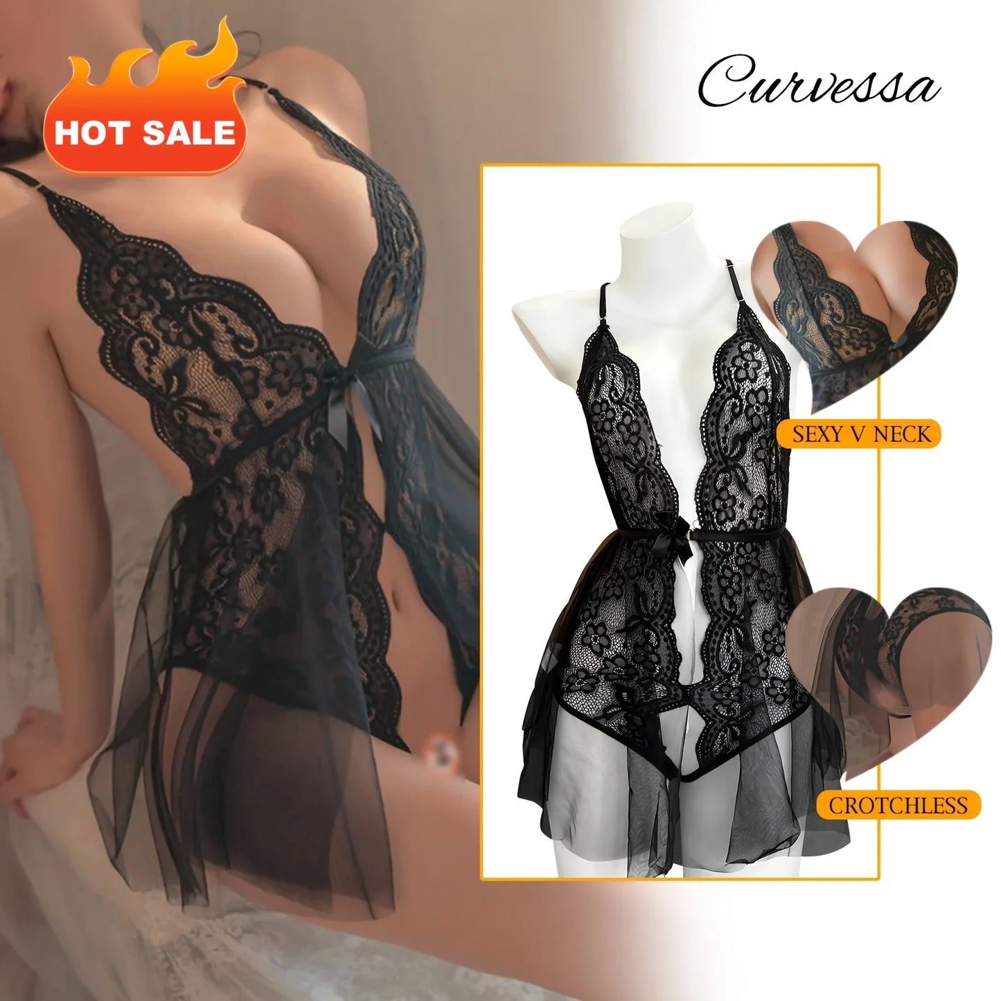Sexy Lace Mesh Jumpsuit Nightgown Lingerie Sets - Empire P.E