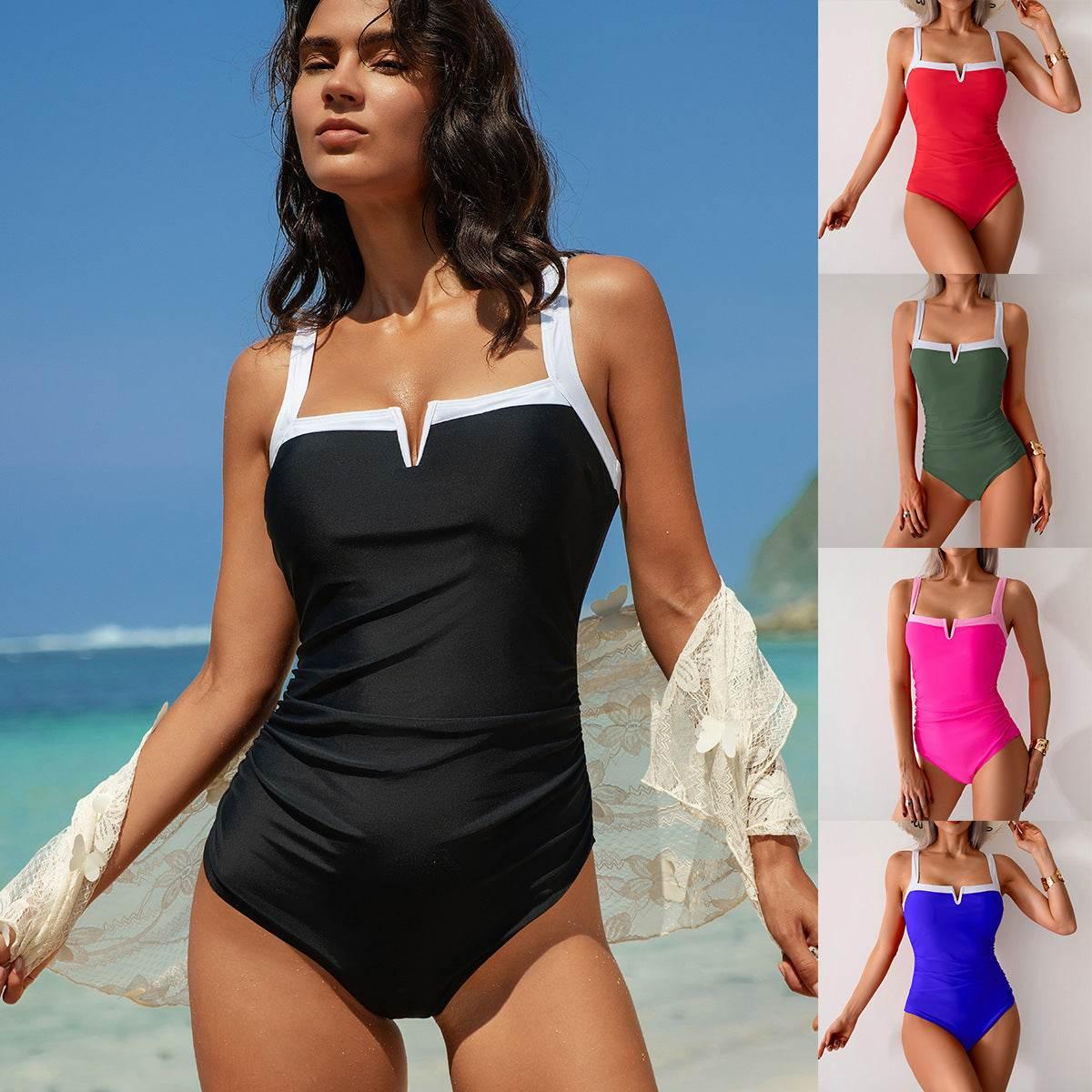 2025 One Piece Fashion Swimsuit Women V Link Solid Swimsuit - Empire P.E