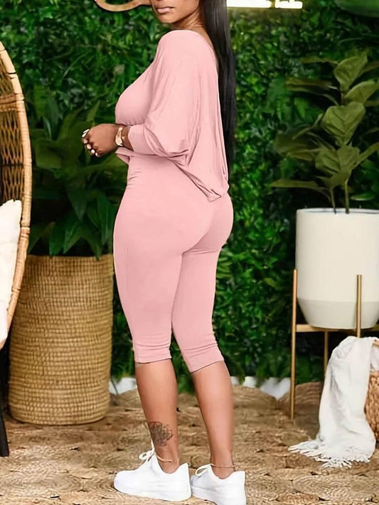 Plus Size Oblique Shoulder Top & Skinny Capri Pants Set - Empire P.E