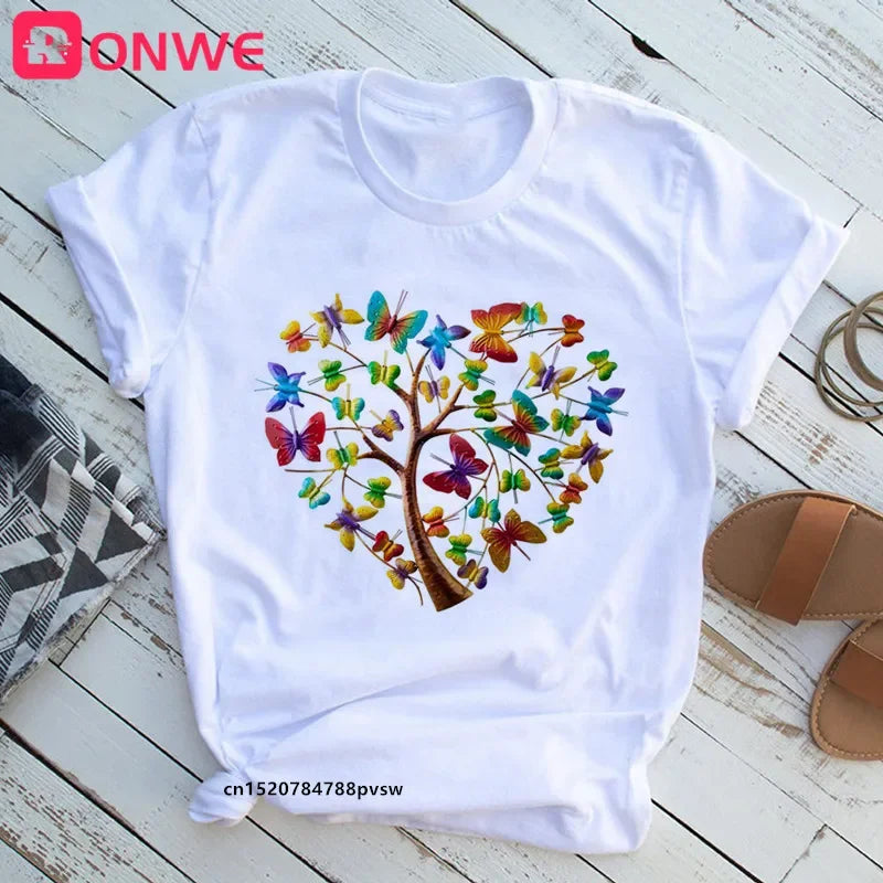 Woman Butterfly Tree Print T-Shirt - Empire P.E