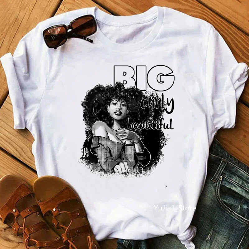 Flower Curly Puff Hair African Black Girl Print Tee Shirt - Empire P.E