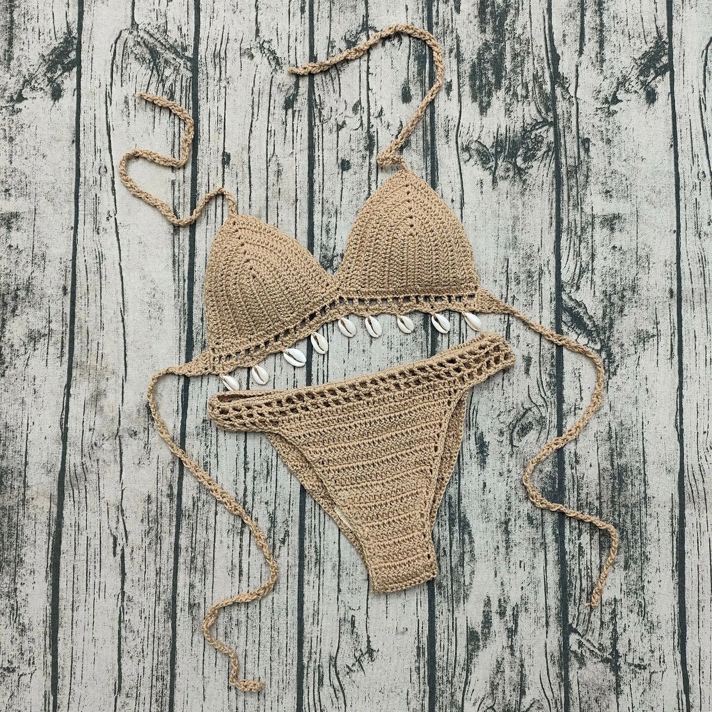 Adjustable Halter Neck Straps with Shell Accents Solid Color Two-Piece Swimwear