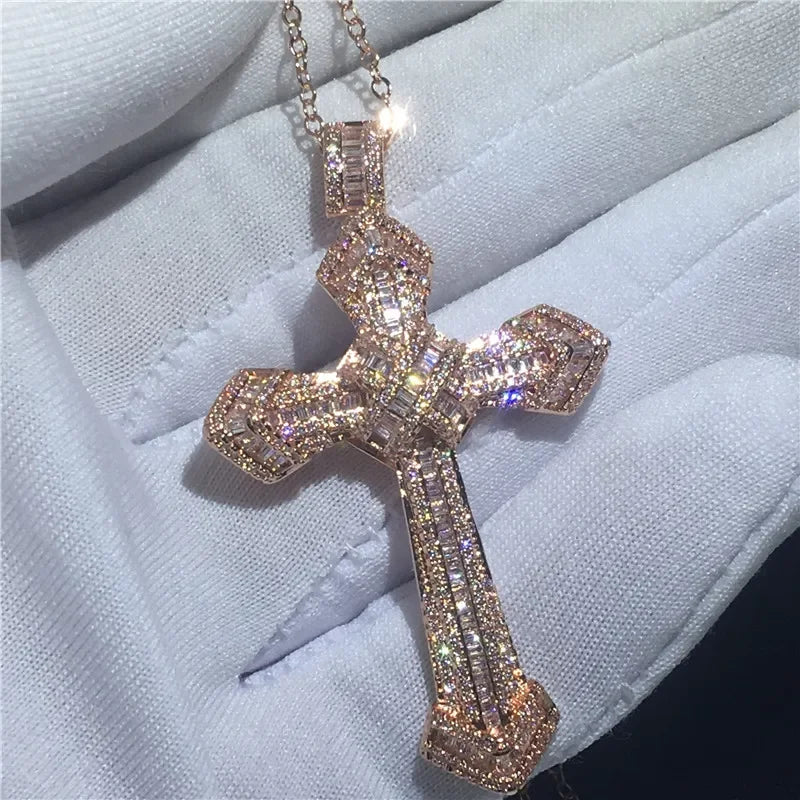 14K Gold Long Diamond Cross Pendant & 925 Sterling Silver - Empire P.E