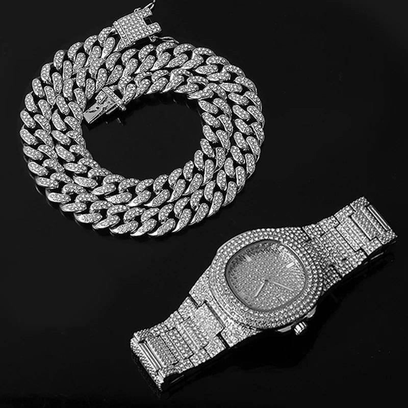 Necklace +Watch+Bracelet Hip Hop Miami Curb Cuban Chain Silver Color Full Iced Out Paved Rhinestones CZ Bling For Men Jewelry - Empire P.E