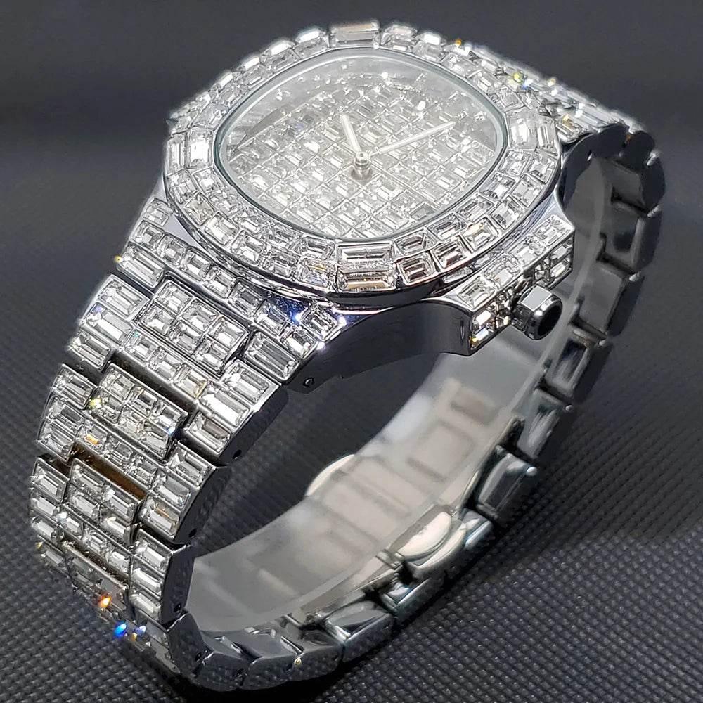 Luxury Iced Out Watch For Men Hip Hop Diamond Silver Quartz reloj hombre High End Dive Stainless Steel Male Watches Dropshipping - Empire P.E