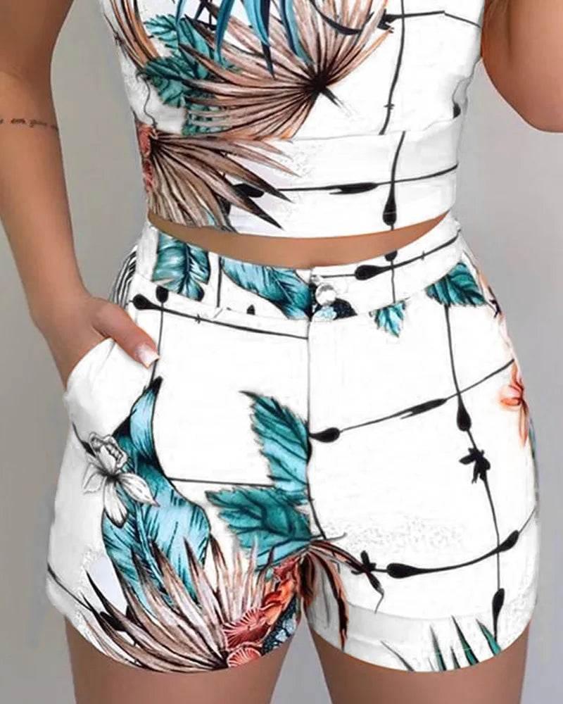 Print Spaghetti Strap Crop Top & Short Sets - Empire P.E