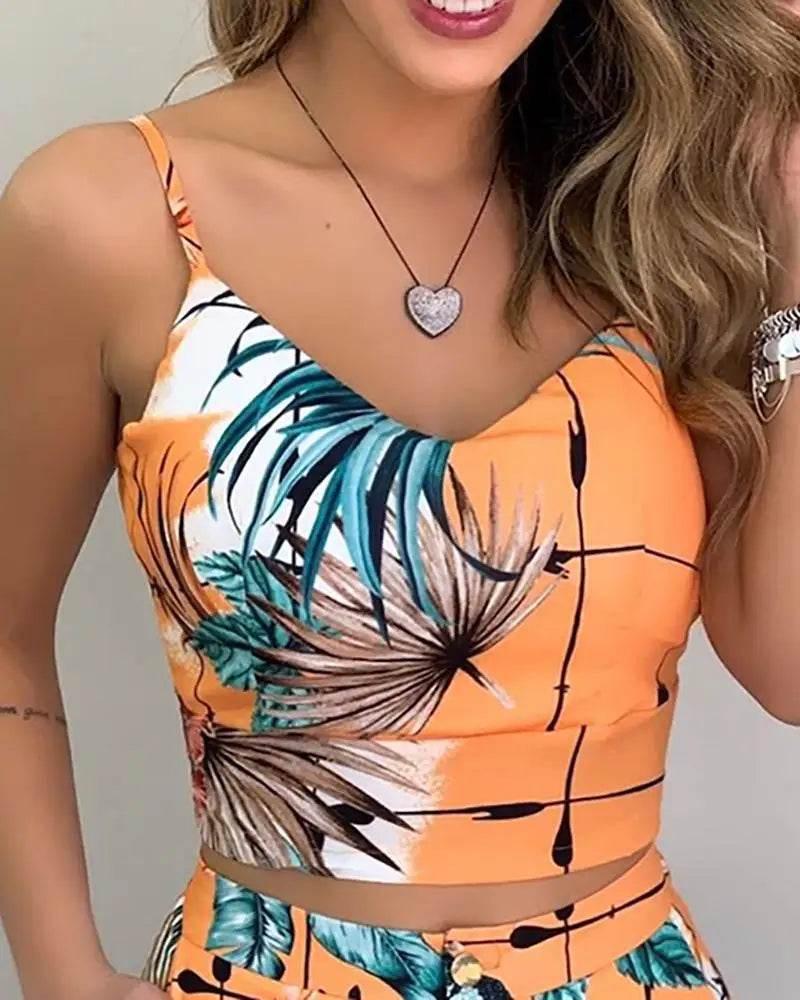 Print Spaghetti Strap Crop Top & Short Sets - Empire P.E