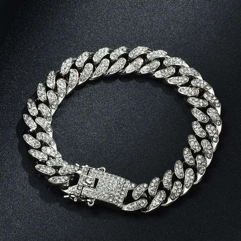 Necklace +Watch+Bracelet Hip Hop Miami Curb Cuban Chain Silver Color Full Iced Out Paved Rhinestones CZ Bling For Men Jewelry - Empire P.E
