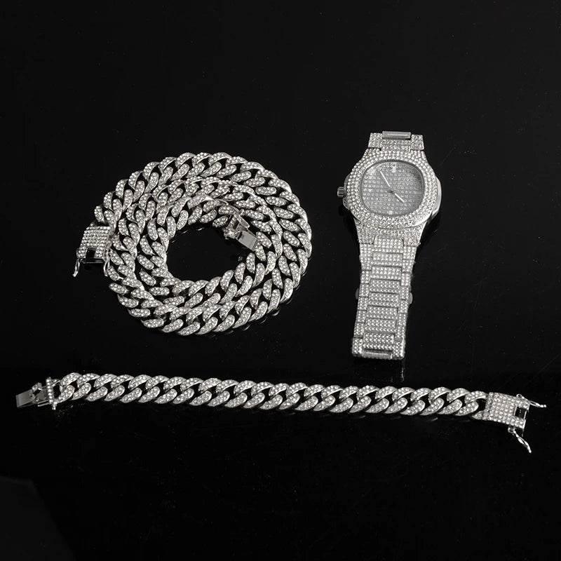 Necklace +Watch+Bracelet Hip Hop Miami Curb Cuban Chain Silver Color Full Iced Out Paved Rhinestones CZ Bling For Men Jewelry - Empire P.E