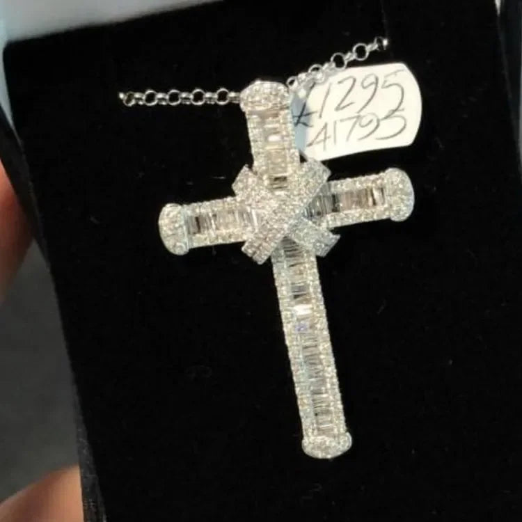 14K Gold Long Diamond Cross Pendant & 925 Sterling Silver - Empire P.E