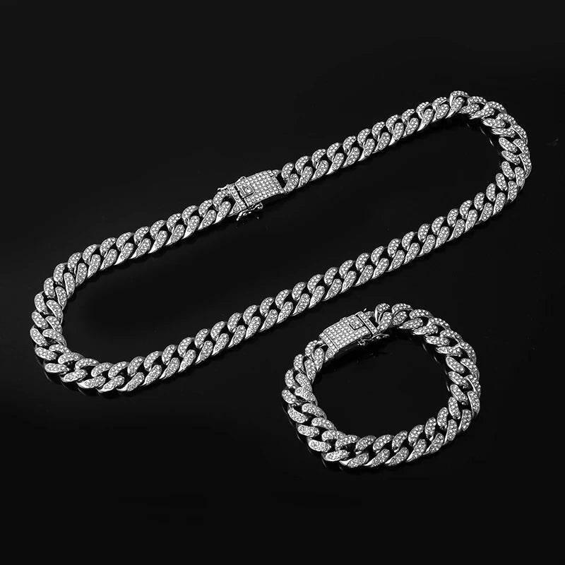 Necklace +Watch+Bracelet Hip Hop Miami Curb Cuban Chain Silver Color Full Iced Out Paved Rhinestones CZ Bling For Men Jewelry - Empire P.E