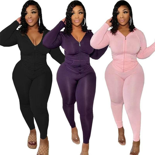 Plus Size Women Clothing Skinny Loungewear Long Sleeve Hoodies Tracksuit Pants Two Piece Sport Set Dropshipping Wholesale - Empire P.E