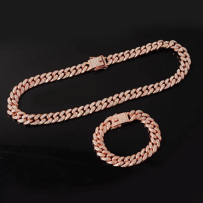 Necklace +Watch+Bracelet Hip Hop Miami Curb Cuban Chain Silver Color Full Iced Out Paved Rhinestones CZ Bling For Men Jewelry - Empire P.E