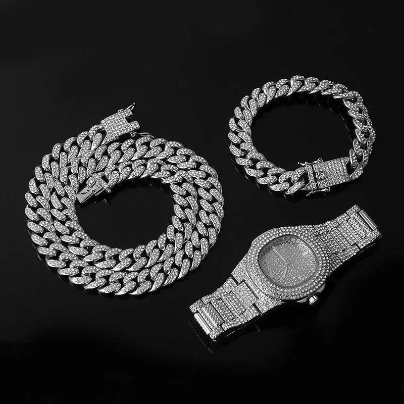 Necklace +Watch+Bracelet Hip Hop Miami Curb Cuban Chain Silver Color Full Iced Out Paved Rhinestones CZ Bling For Men Jewelry - Empire P.E