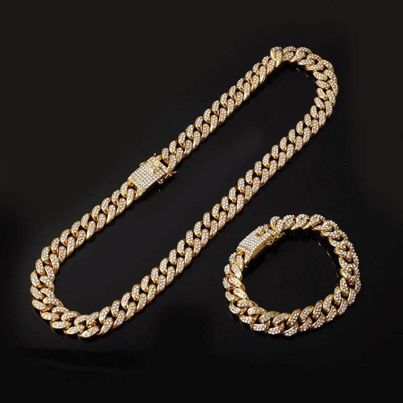 Necklace +Watch+Bracelet Hip Hop Miami Curb Cuban Chain Silver Color Full Iced Out Paved Rhinestones CZ Bling For Men Jewelry - Empire P.E