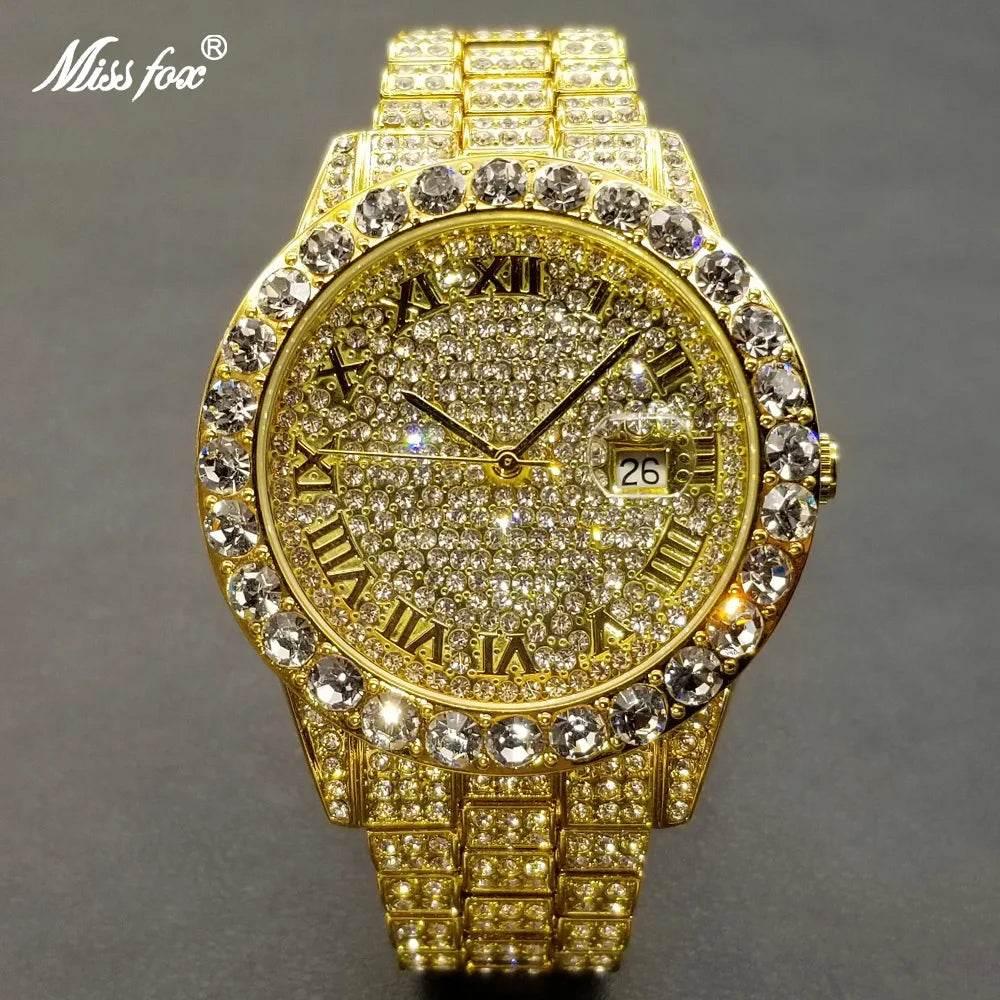 MISSFOX Hip Hop Men Watches Brand Luxury Roman Ice Out Automatic Date Male Wristwatch Full Diamond Waterproof Luminous Watch New - Empire P.E