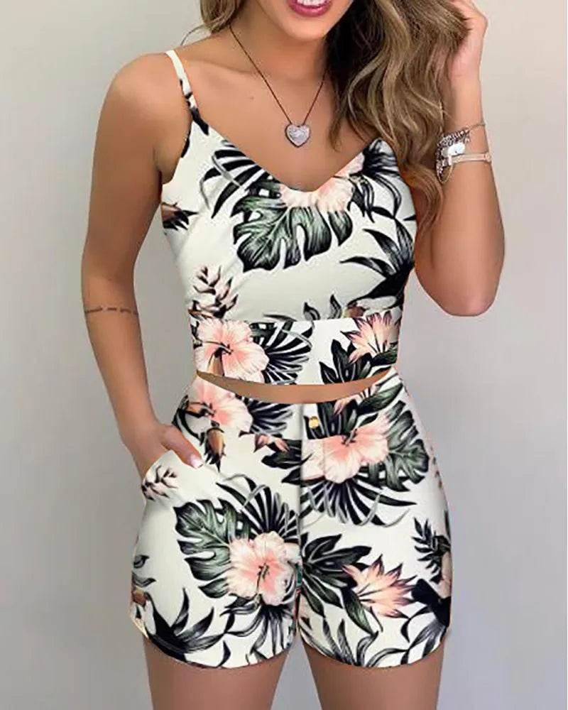 Print Spaghetti Strap Crop Top & Short Sets - Empire P.E