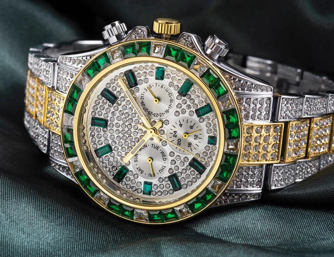 Hip Hop Calendar Watch For Men Stylsih Ice Out Green Diamond - Empire P.E