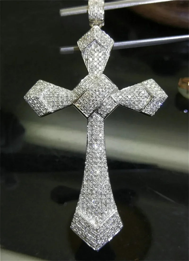 14K Gold Long Diamond Cross Pendant & 925 Sterling Silver - Empire P.E