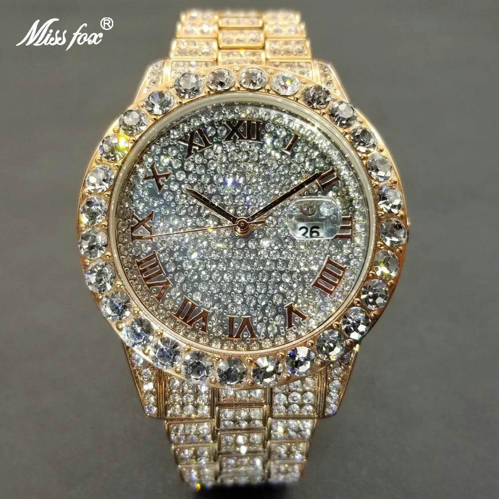 MISSFOX Hip Hop Men Watches Brand Luxury Roman Ice Out Automatic Date Male Wristwatch Full Diamond Waterproof Luminous Watch New - Empire P.E