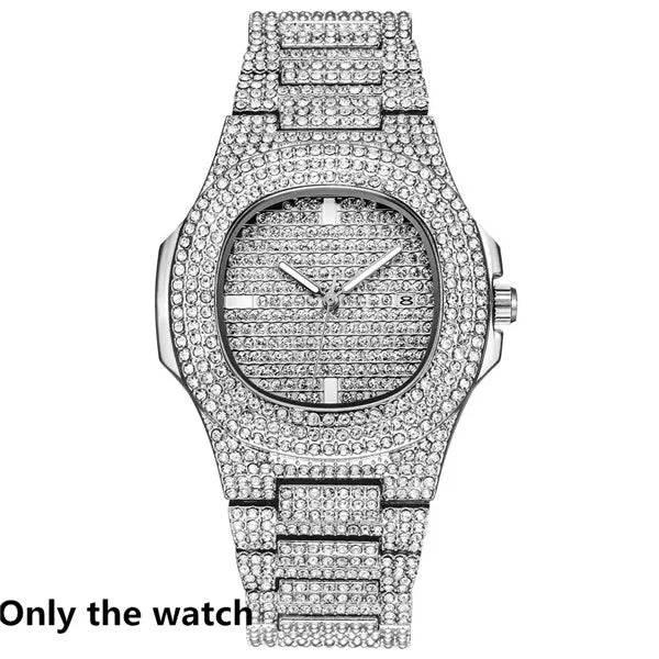 Necklace +Watch+Bracelet Hip Hop Miami Curb Cuban Chain Silver Color Full Iced Out Paved Rhinestones CZ Bling For Men Jewelry - Empire P.E