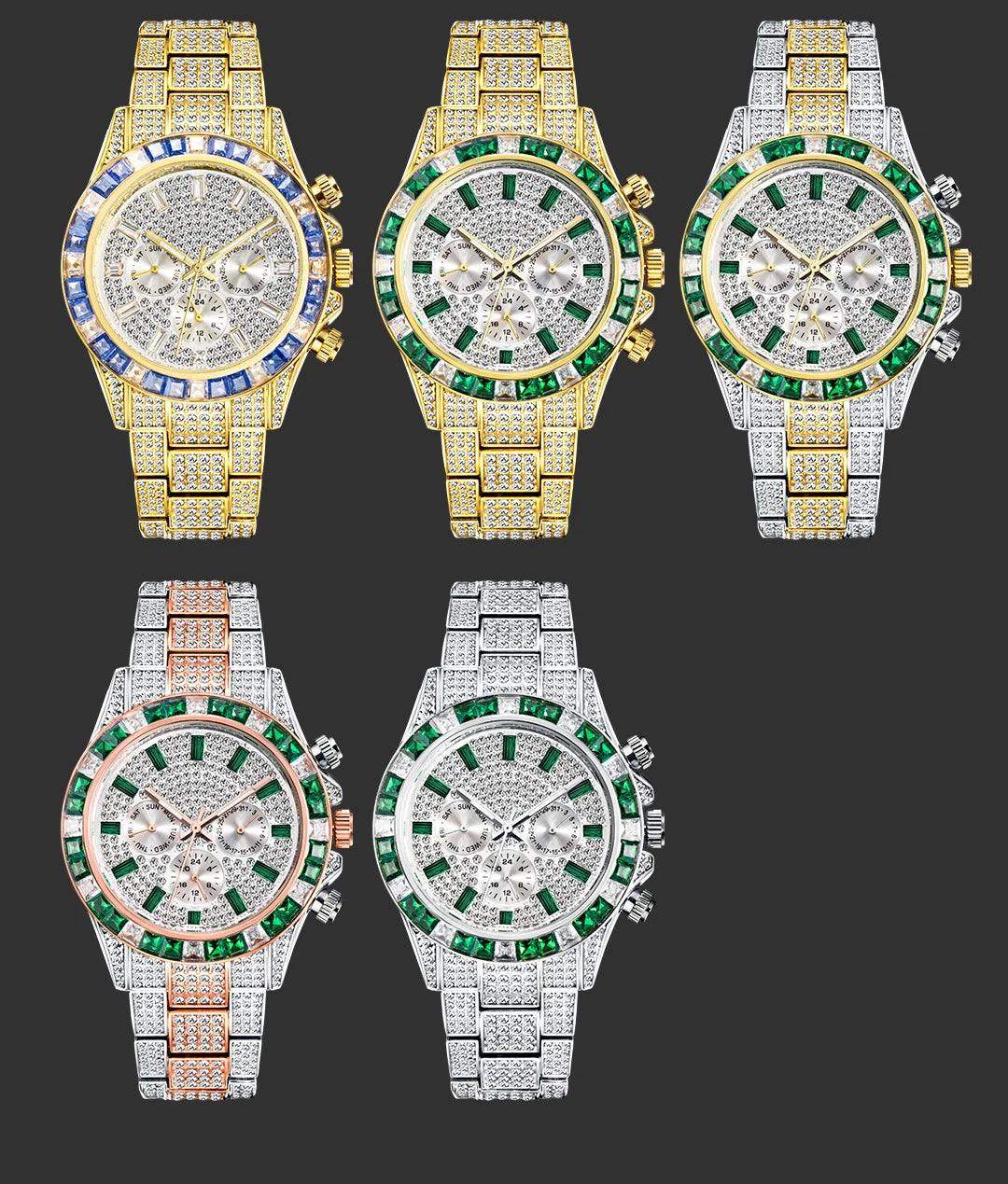 Hip Hop Calendar Watch For Men Stylsih Ice Out Green Diamond - Empire P.E