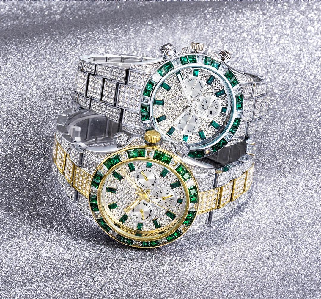 Hip Hop Calendar Watch For Men Stylsih Ice Out Green Diamond - Empire P.E