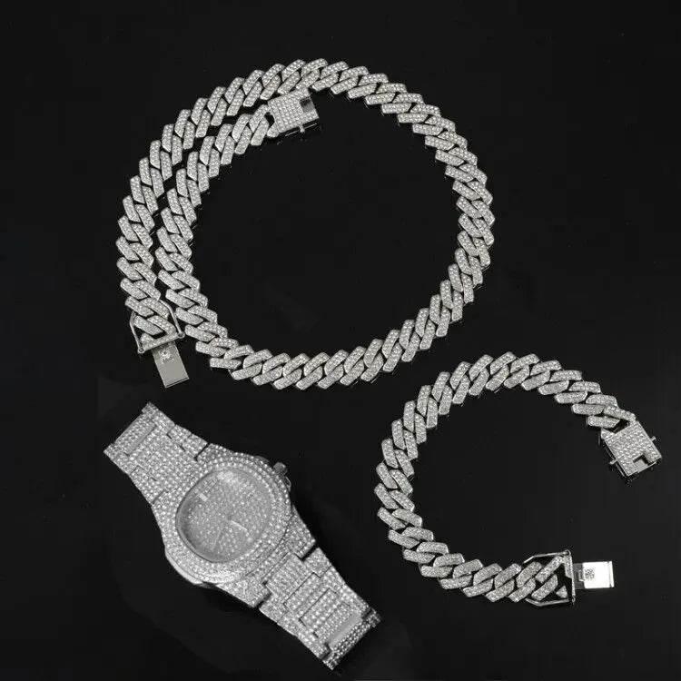 Necklace +Watch+Bracelet Hip Hop Miami Curb Cuban Chain Silver Color Full Iced Out Paved Rhinestones CZ Bling For Men Jewelry - Empire P.E