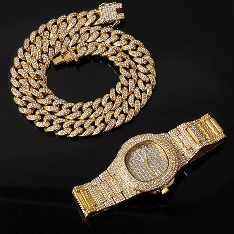 Necklace +Watch+Bracelet Hip Hop Miami Curb Cuban Chain Silver Color Full Iced Out Paved Rhinestones CZ Bling For Men Jewelry - Empire P.E