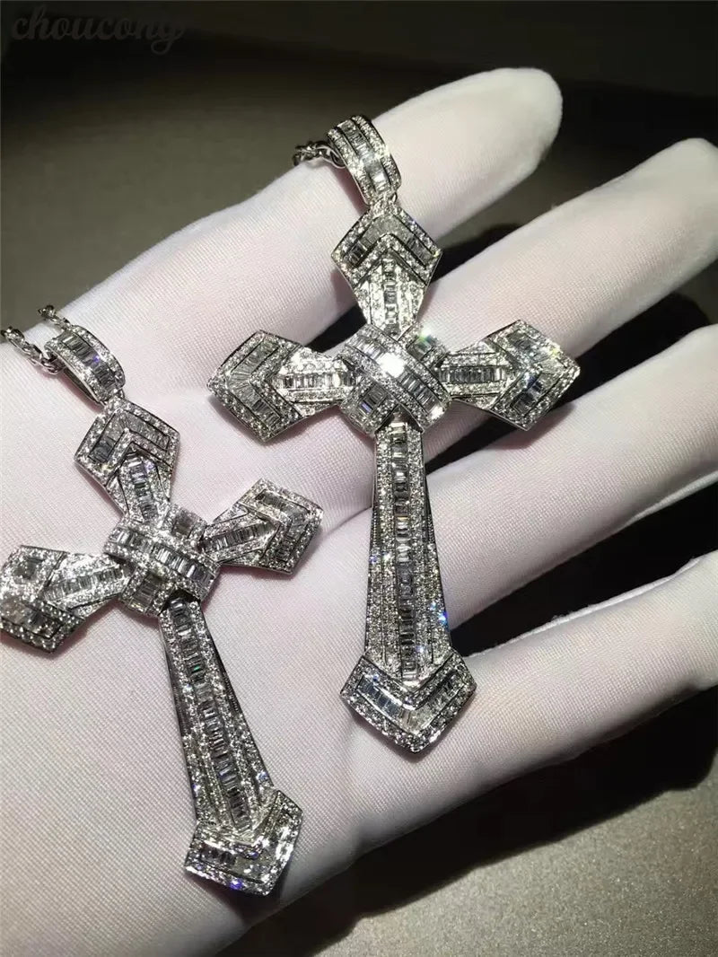 14K Gold Long Diamond Cross Pendant & 925 Sterling Silver - Empire P.E
