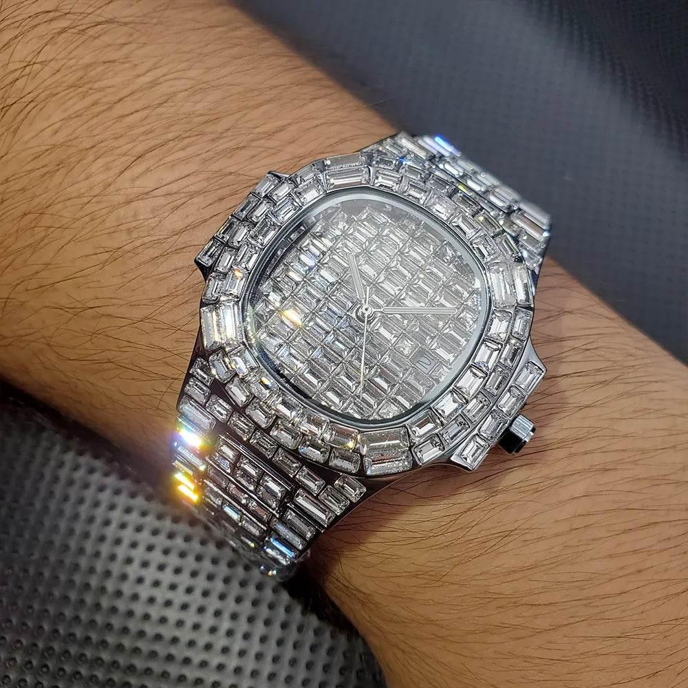 Luxury Iced Out Watch For Men Hip Hop Diamond Silver Quartz reloj hombre High End Dive Stainless Steel Male Watches Dropshipping - Empire P.E