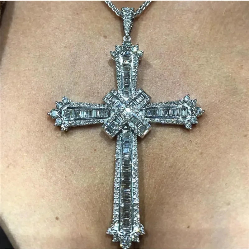 14K Gold Long Diamond Cross Pendant & 925 Sterling Silver - Empire P.E