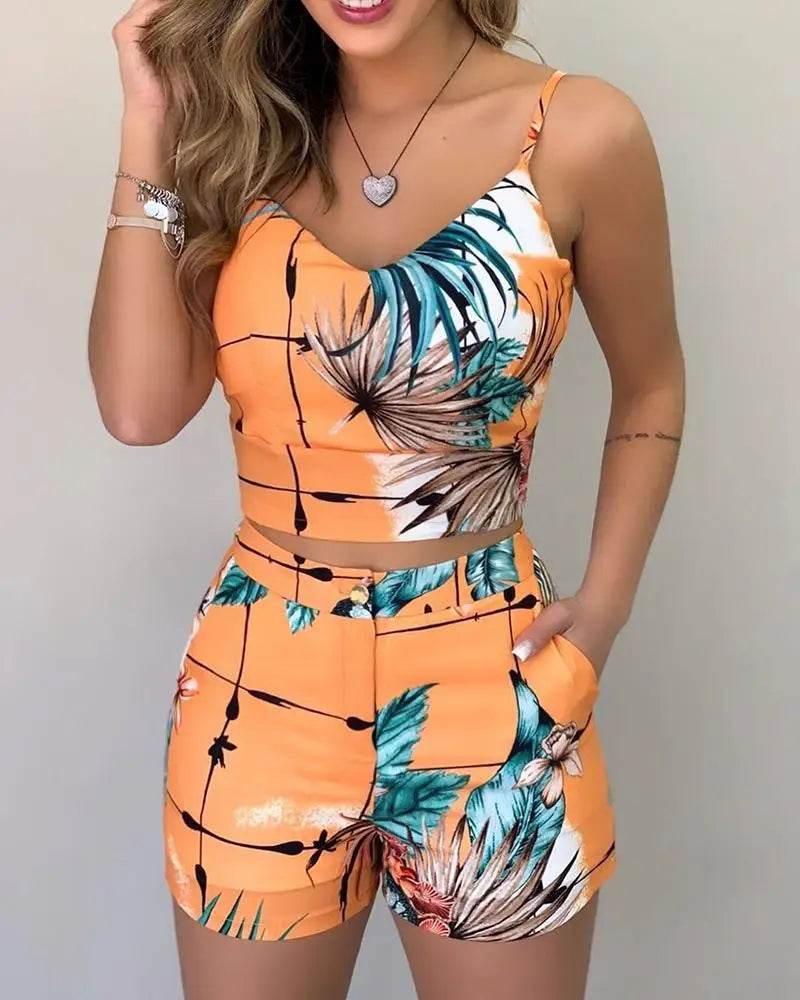 Print Spaghetti Strap Crop Top & Short Sets - Empire P.E