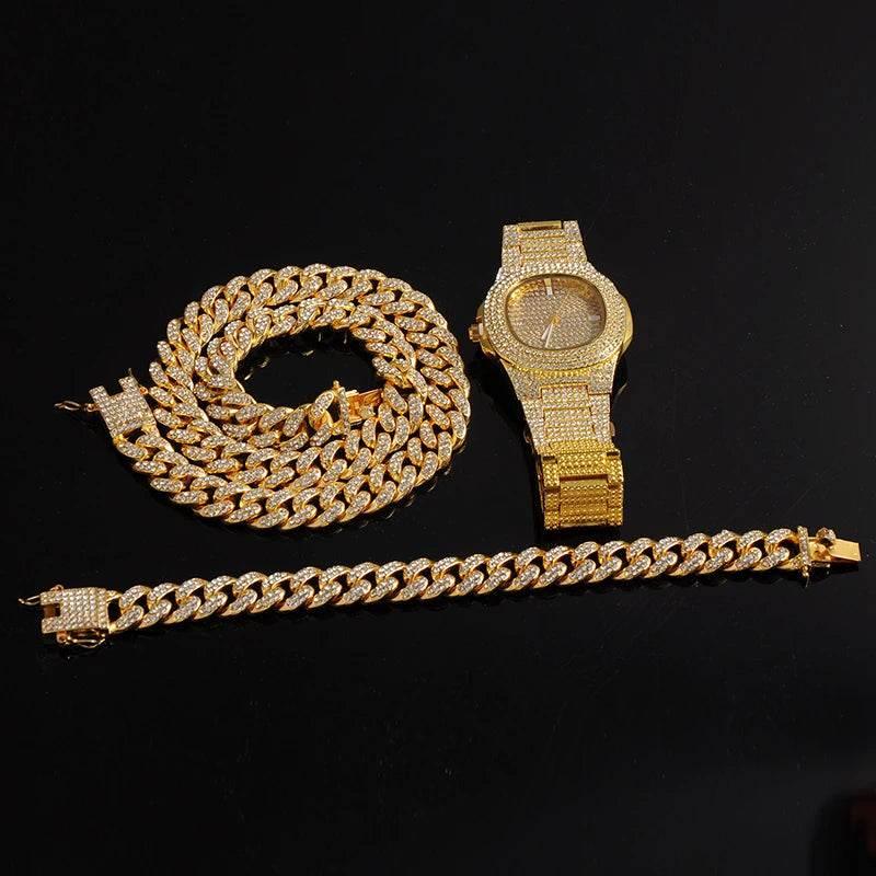 Necklace +Watch+Bracelet Hip Hop Miami Curb Cuban Chain Silver Color Full Iced Out Paved Rhinestones CZ Bling For Men Jewelry - Empire P.E