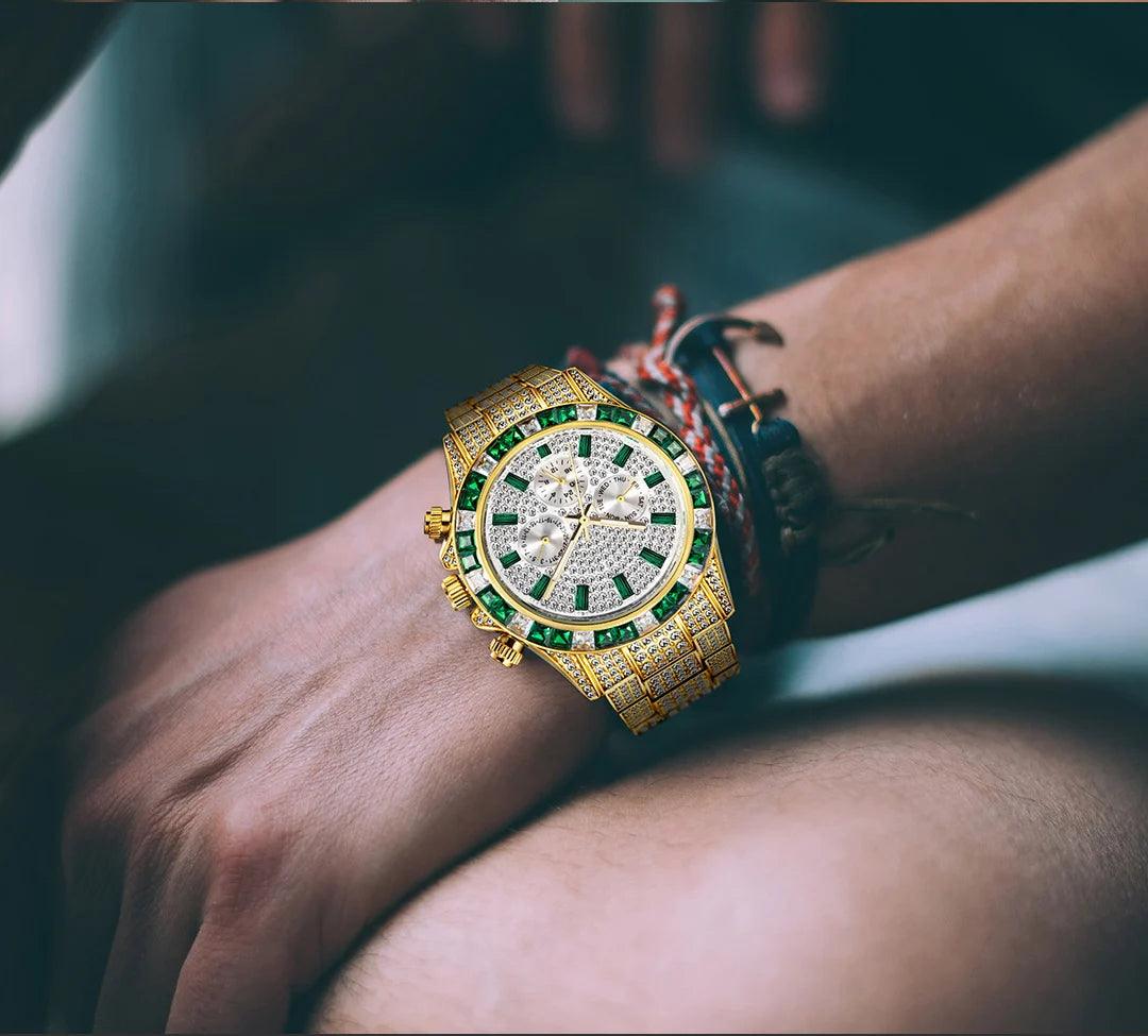 Hip Hop Calendar Watch For Men Stylsih Ice Out Green Diamond - Empire P.E