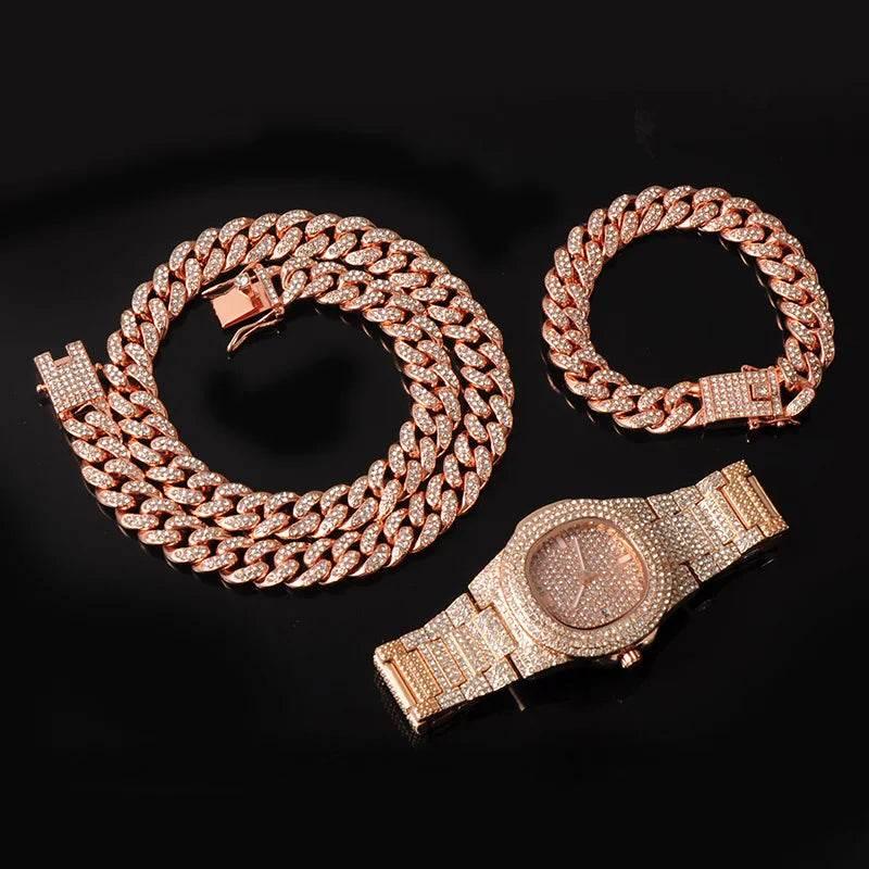 Necklace +Watch+Bracelet Hip Hop Miami Curb Cuban Chain Silver Color Full Iced Out Paved Rhinestones CZ Bling For Men Jewelry - Empire P.E