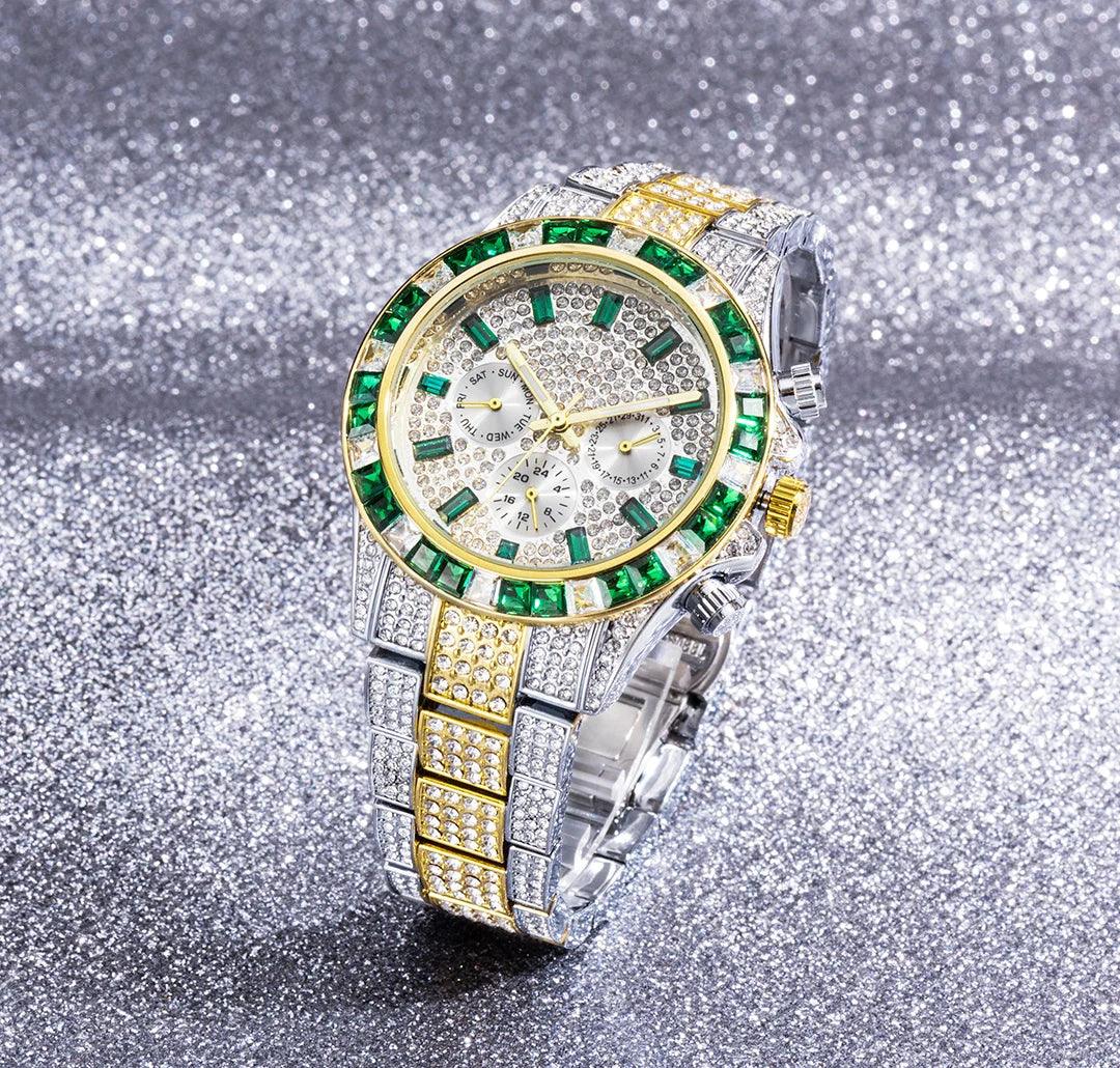 Hip Hop Calendar Watch For Men Stylsih Ice Out Green Diamond - Empire P.E