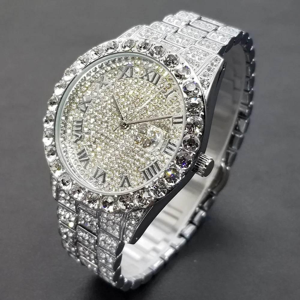 MISSFOX Hip Hop Men Watches Brand Luxury Roman Ice Out Automatic Date Male Wristwatch Full Diamond Waterproof Luminous Watch New - Empire P.E