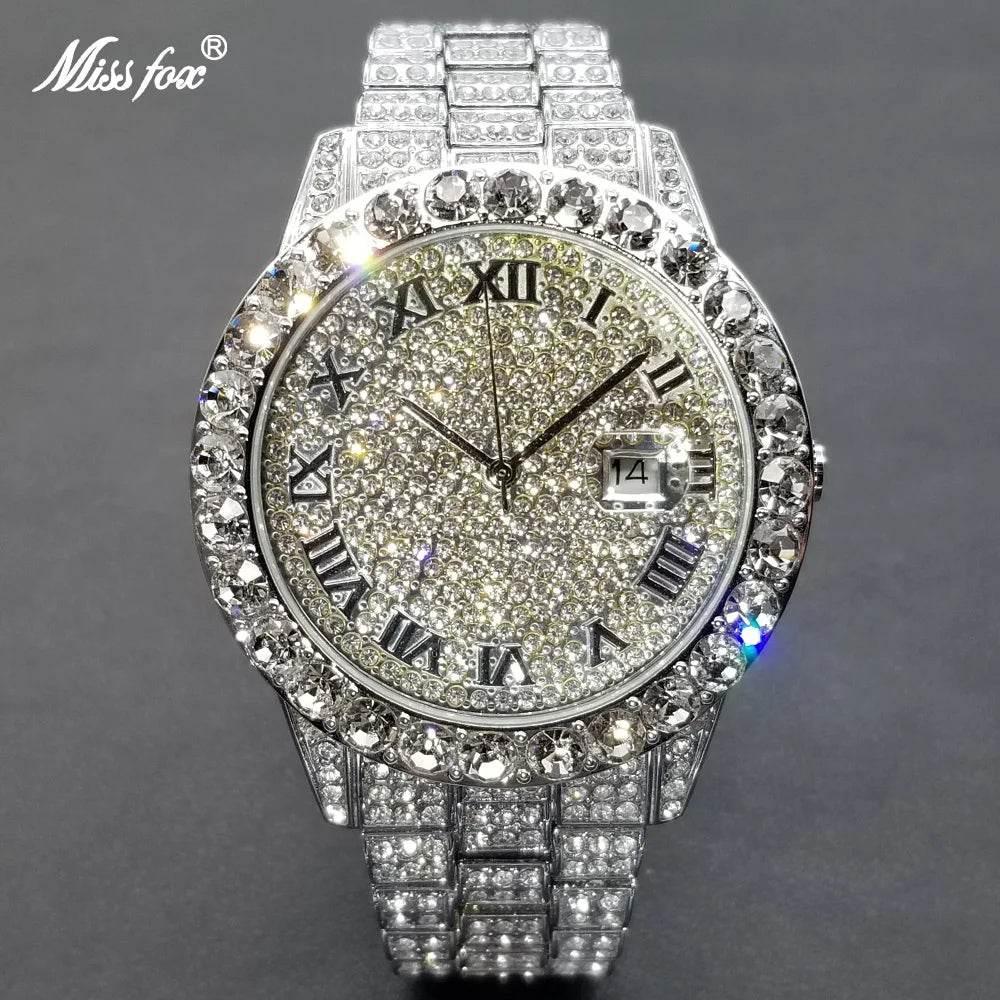 MISSFOX Hip Hop Men Watches Brand Luxury Roman Ice Out Automatic Date Male Wristwatch Full Diamond Waterproof Luminous Watch New - Empire P.E