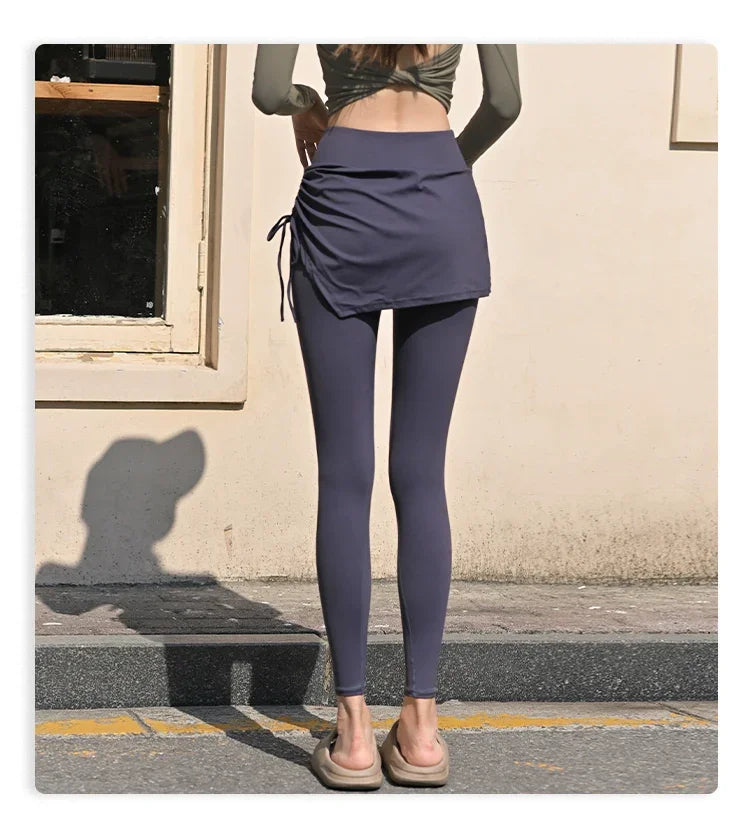 Fake Two-Piece Yoga Pants Women's Drawstring Sports Running Tight Thigh-Length Slim Looking Training Cycling High Waist Belly Contracting Fitness Pants - Empire P.E