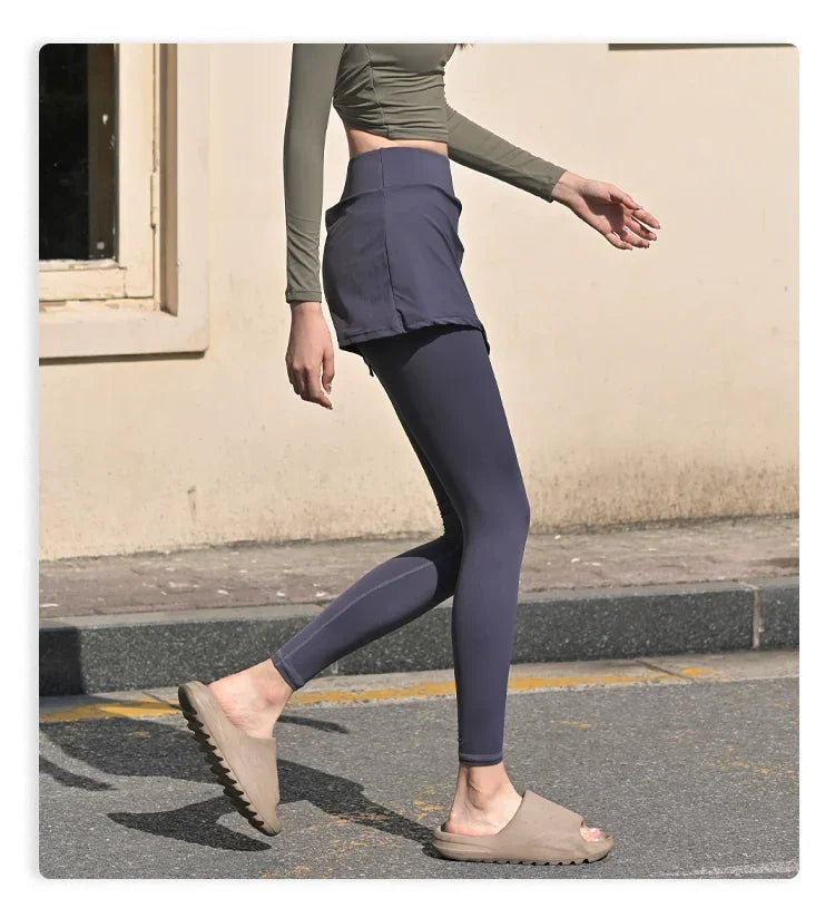 Fake Two-Piece Yoga Pants Women's Drawstring Sports Running Tight Thigh-Length Slim Looking Training Cycling High Waist Belly Contracting Fitness Pants - Empire P.E