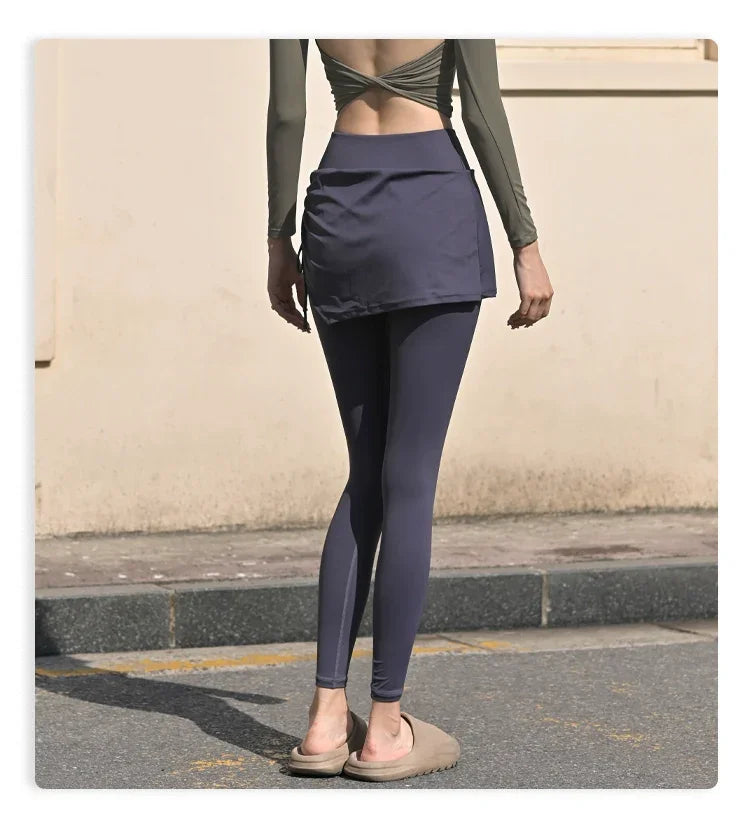 Fake Two-Piece Yoga Pants Women's Drawstring Sports Running Tight Thigh-Length Slim Looking Training Cycling High Waist Belly Contracting Fitness Pants - Empire P.E