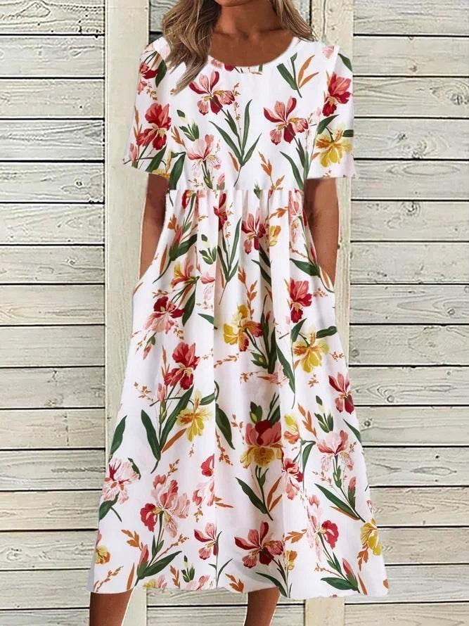 2024 women's fashion loose floral print round neck short sleeve pocket dress - Empire P.E