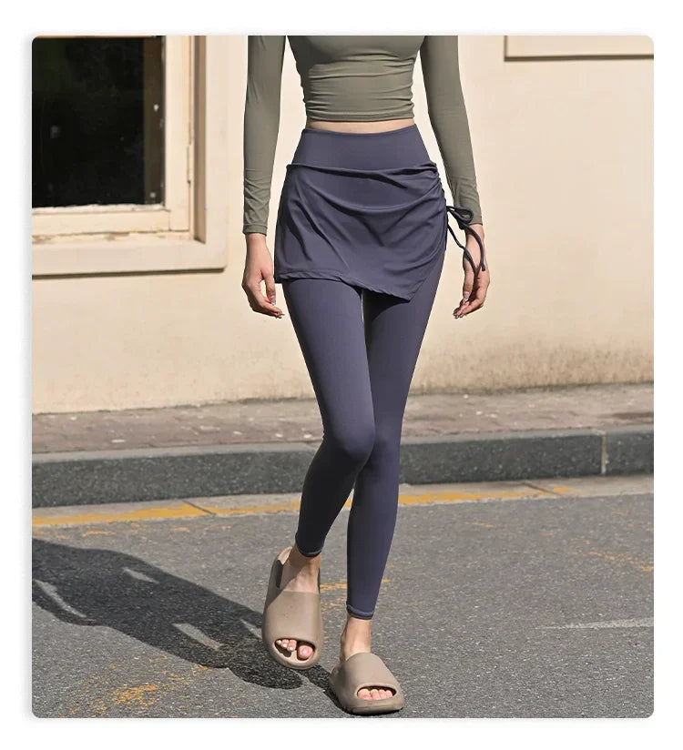 Fake Two-Piece Yoga Pants Women's Drawstring Sports Running Tight Thigh-Length Slim Looking Training Cycling High Waist Belly Contracting Fitness Pants - Empire P.E