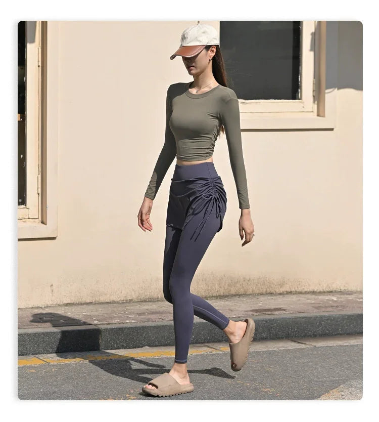 Fake Two-Piece Yoga Pants Women's Drawstring Sports Running Tight Thigh-Length Slim Looking Training Cycling High Waist Belly Contracting Fitness Pants - Empire P.E