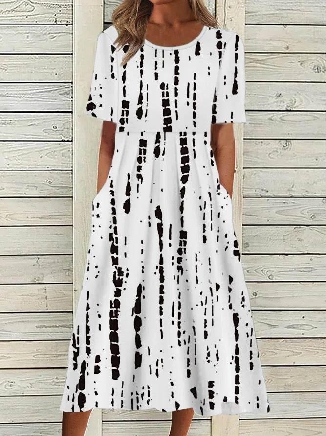 2024 women's fashion loose floral print round neck short sleeve pocket dress - Empire P.E