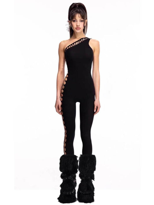 Y2g Street Sexy One-Shoulder Diagonal Collar Hollow-out Ripped Jumpsuit Fashion Sexy Skinny Slimming Bottoming Jumpsuit - Empire P.E