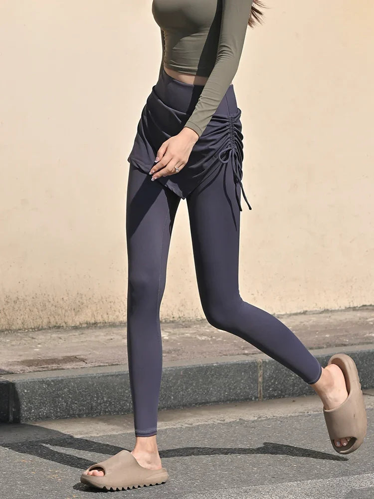 Fake Two-Piece Yoga Pants Women's Drawstring Sports Running Tight Thigh-Length Slim Looking Training Cycling High Waist Belly Contracting Fitness Pants - Empire P.E