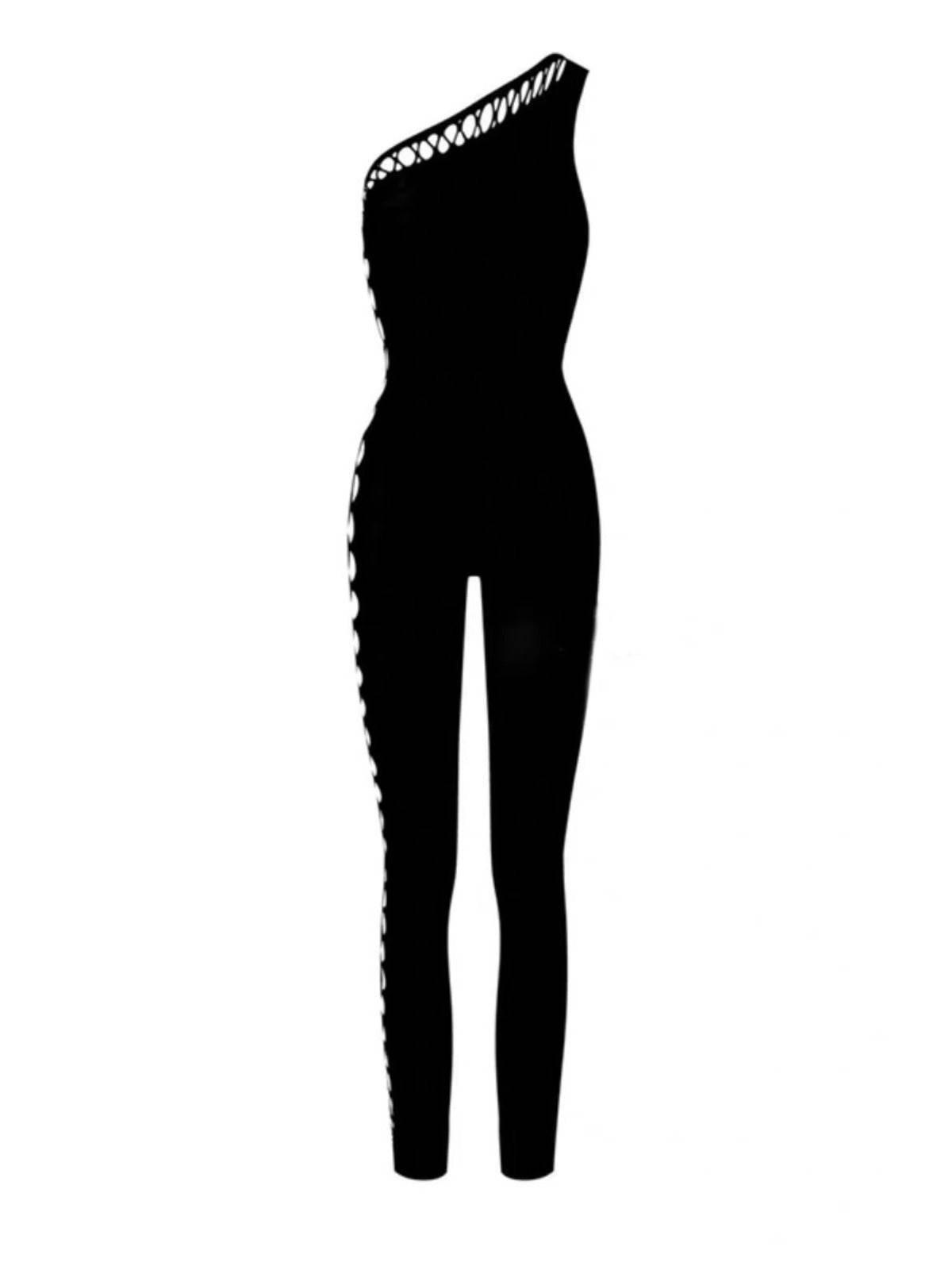 Y2g Street Sexy One-Shoulder Diagonal Collar Hollow-out Ripped Jumpsuit Fashion Sexy Skinny Slimming Bottoming Jumpsuit - Empire P.E